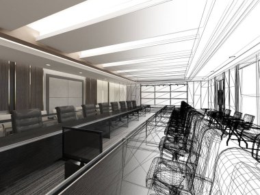 iç konferans salonu, 3d render tel çerçeve tasarım kroki