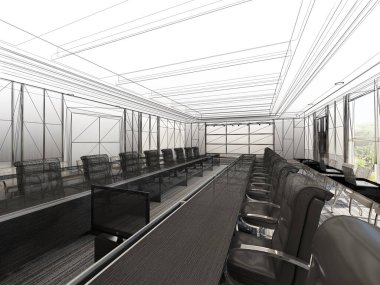 iç konferans salonu, 3d render tel çerçeve tasarım kroki
