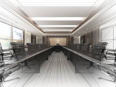 iç konferans salonu, 3d render tel çerçeve tasarım kroki