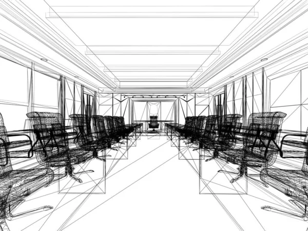 인테리어 회의실 렌더링 와이어 프레임의 디자인 스케치 — 스톡 사진