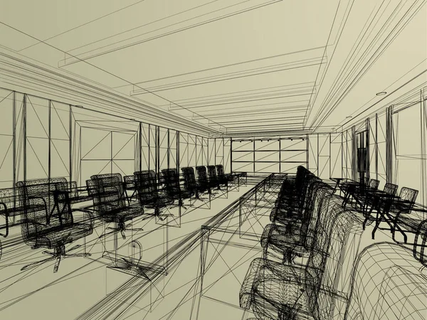 인테리어 회의실 렌더링 와이어 프레임의 디자인 스케치 — 스톡 사진