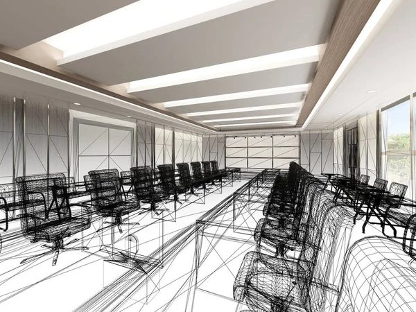 iç konferans salonu, 3d render tel çerçeve tasarım kroki