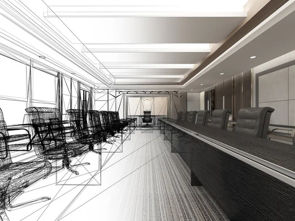 内部の会議室 レンダリングのワイヤー フレームの設計をスケッチします — ストック写真