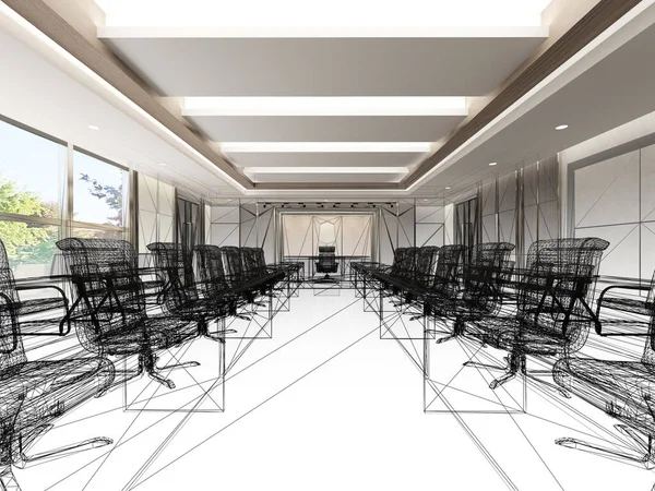 Skiss Design Interiör Konferensrum Rendering Tråd Ram — Stockfoto