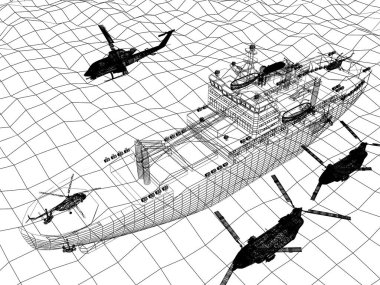 Denizde 3 boyutlu helikopter telli bir savaş gemisi var.