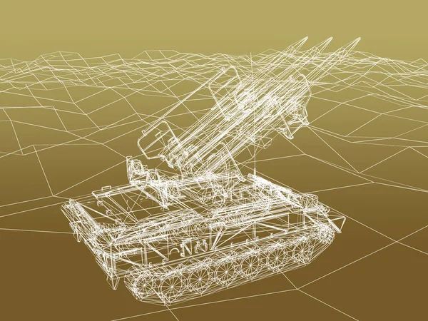 battle tank on sand wire frame ,3d rendering