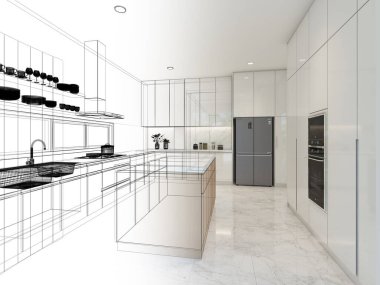 Mutfak odasının soyut tasarımı, 3D görüntüleme 