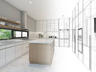 Mutfak odasının soyut tasarımı, 3D görüntüleme 