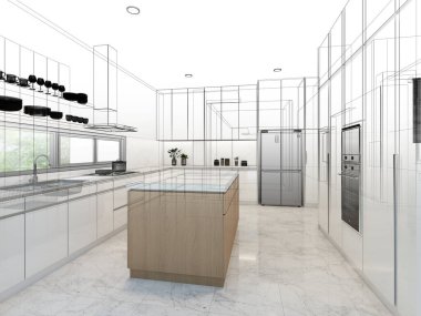 Mutfak odasının soyut tasarımı, 3D görüntüleme 