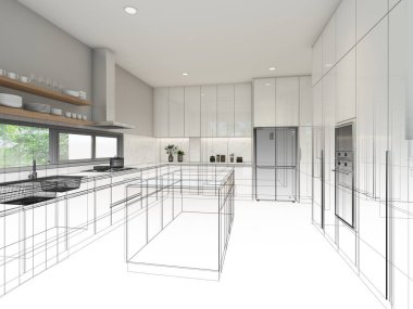 Mutfak odasının soyut tasarımı, 3D görüntüleme 