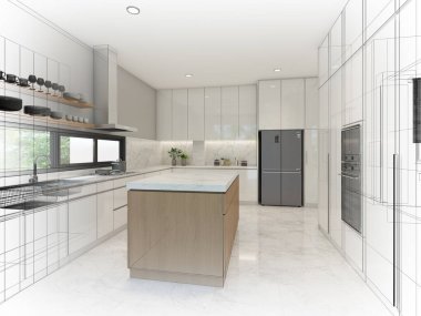 Mutfak odasının soyut tasarımı, 3D görüntüleme 