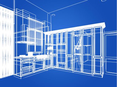 Mutfak odasının soyut tasarımı, 3D görüntüleme 