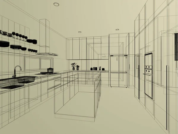 Abstract Sketch Design Kitchen Room Rendering — Stock Photo, Image