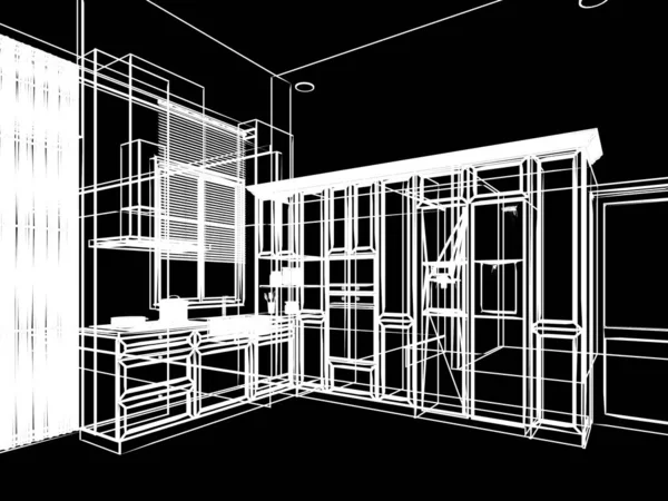 厨房设计图摘要 3D渲染 — 图库照片