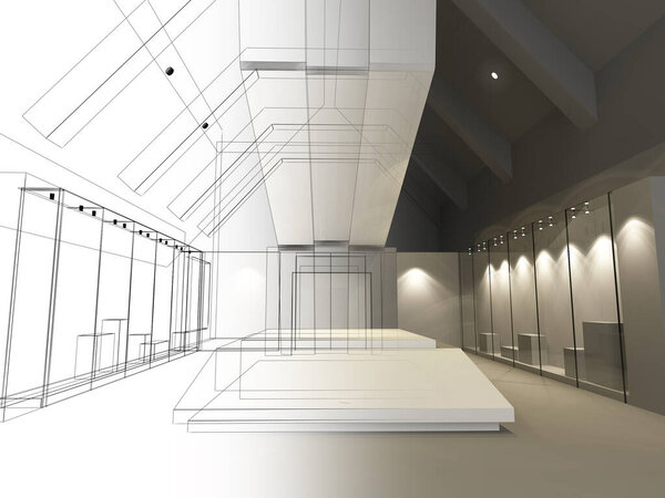 sketch design of interior exhibition room ,museum ,3d rendering