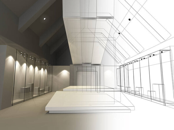 sketch design of interior exhibition room ,museum ,3d rendering