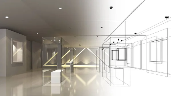 室内展示室美術館3Dレンダリングのスケッチデザイン — ストック写真