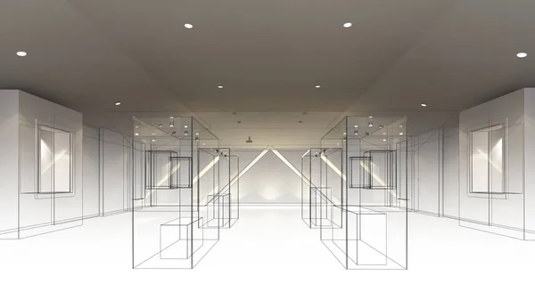 室内展示室美術館3Dレンダリングのスケッチデザイン — ストック写真