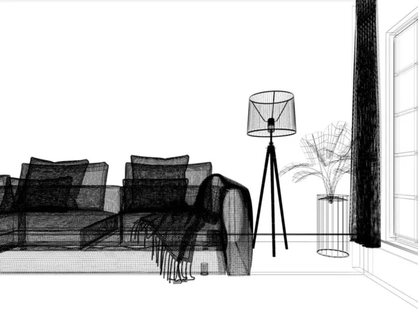 Sketch Design Living Room Wireframe Rendering — Stock Photo, Image