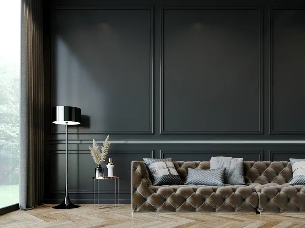 brown sofa in luxury black room,3d rendering