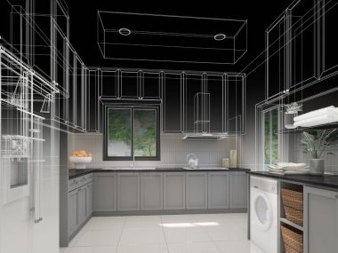Mutfak odasının soyut tasarımı, 3D görüntüleme 