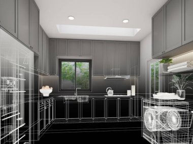 Mutfak odasının soyut tasarımı, 3D görüntüleme 