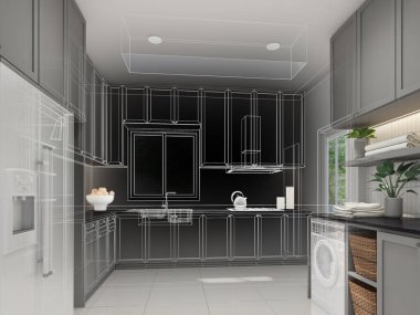 Mutfak odasının soyut tasarımı, 3D görüntüleme 