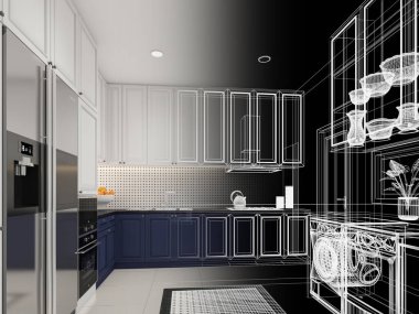 Mutfak odasının soyut tasarımı, 3D görüntüleme 