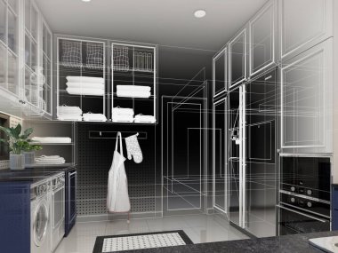 Mutfak odasının soyut tasarımı, 3D görüntüleme 