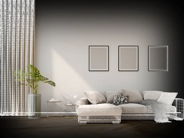 Návrh Náčrtu Luxusního Obývacího Pokoje Vykreslování Drátů — Stock fotografie