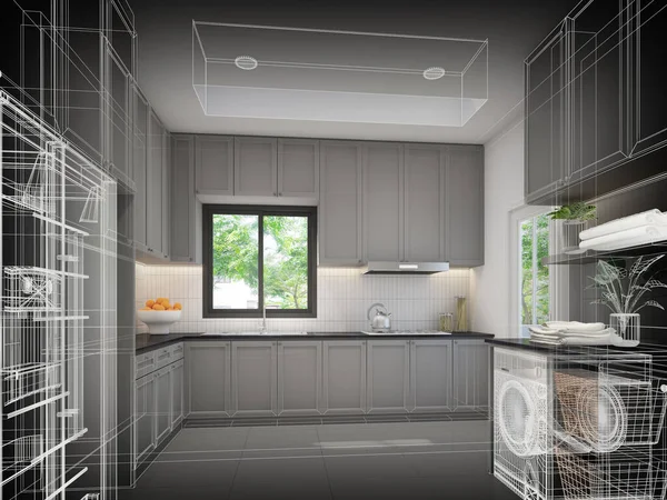 abstract sketch design of kitchen room ,3d rendering