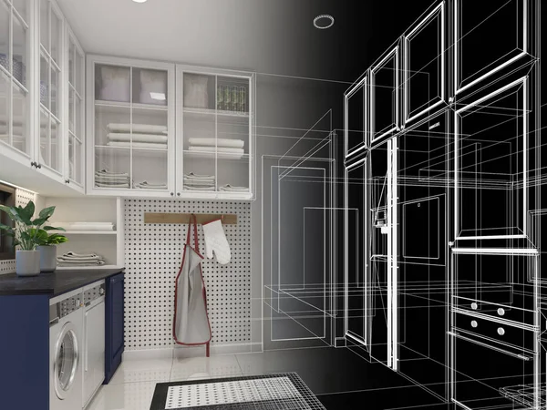 Abstrakcyjny Szkic Projektu Kuchni Pokój Renderingu — Zdjęcie stockowe