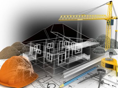 Yapım aşamasında olan bir ev, bir vinç ve diğer bina armatürleri mavi baskının tepesinde, 3D