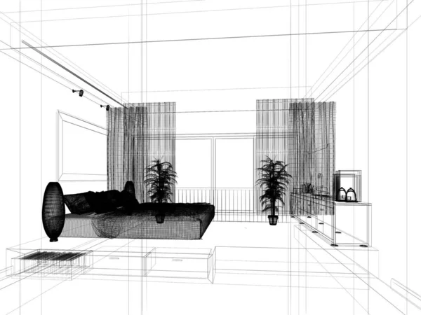 Croquis Design Chambre Mansardée Intérieure Rendu — Photo