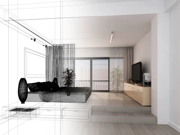 Sketch Design Interior Attic Bedroom Rendering — Stock Photo, Image