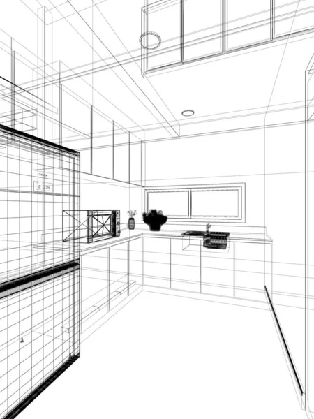 Abstract Sketch Design Kitchen Room Rendering — Stock Photo, Image