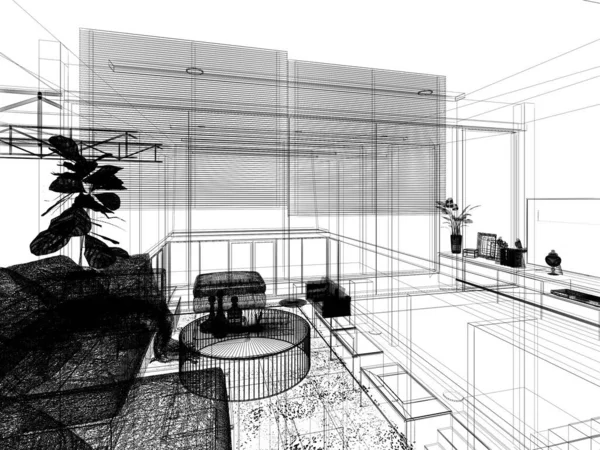 Sketch Design Interior Living Rendering — Fotografia de Stock