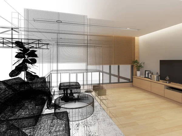 Sketch Design Interior Living Rendering — Φωτογραφία Αρχείου