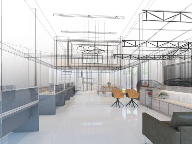 sketch design of interior office, 3d rendering