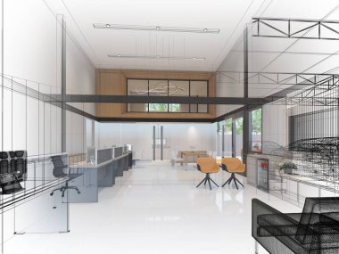 sketch design of interior office, 3d rendering