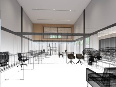 sketch design of interior office, 3d rendering