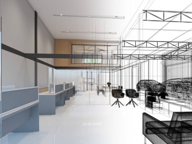 sketch design of interior office, 3d rendering
