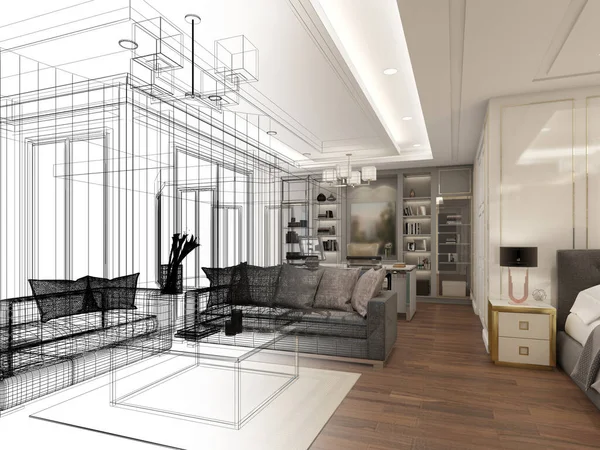 Sketch Design Interior Living Rendering — Stock fotografie