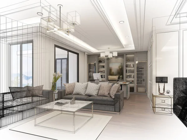 Sketch Design Interior Living Rendering — Φωτογραφία Αρχείου