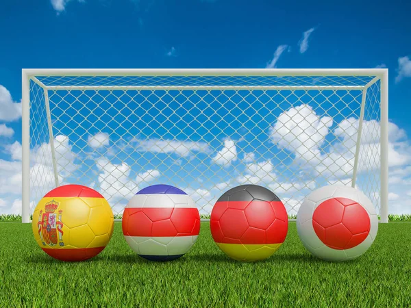 Soccer Balls Flags Colors Soccer Field Rendering Group — Stockfoto