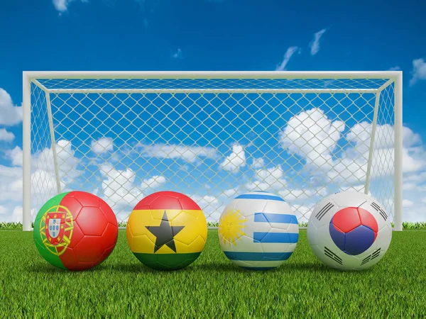 Soccer Balls Flags Colors Soccer Field Rendering Group — Stock Photo, Image