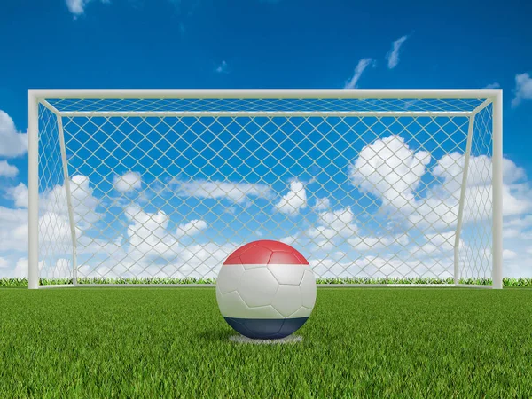 Soccer Balls Netherlands Flags Colors Soccer Field Rendering — Stock Photo, Image