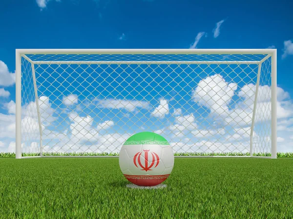 soccer balls in IR Iran flags colors on soccer field .  3d rendering