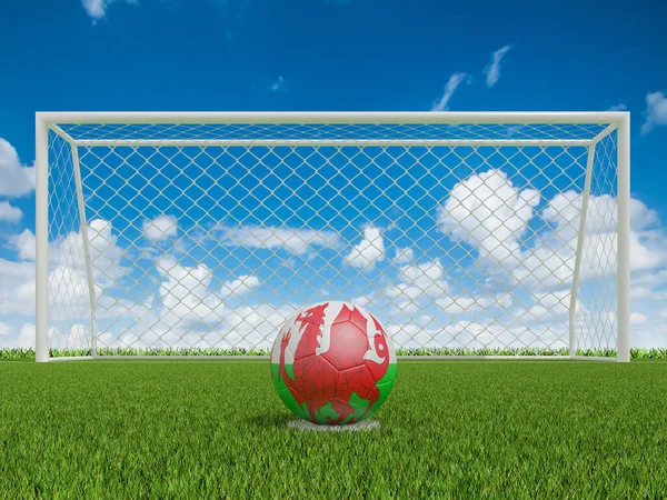 Soccer Balls Wales Flags Colors Soccer Field Rendering — Stock Photo, Image