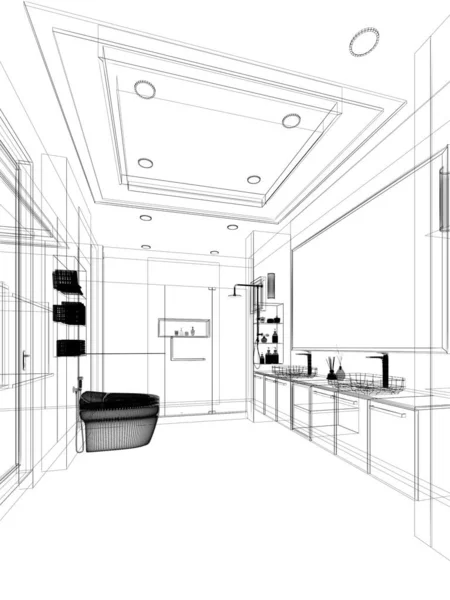 室内バスルームの抽象的なスケッチデザイン3Dレンダリング — ストック写真